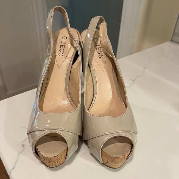 GUESS Nude Patent Slingback Peep Toe Cork Heels | Size 8.5 - Picture 2 of 8